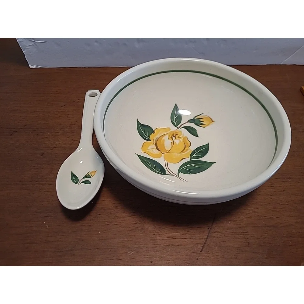 Vintage Bake Oven Mixing Bowl Yellow Rose Motif With Spoon 6643 9